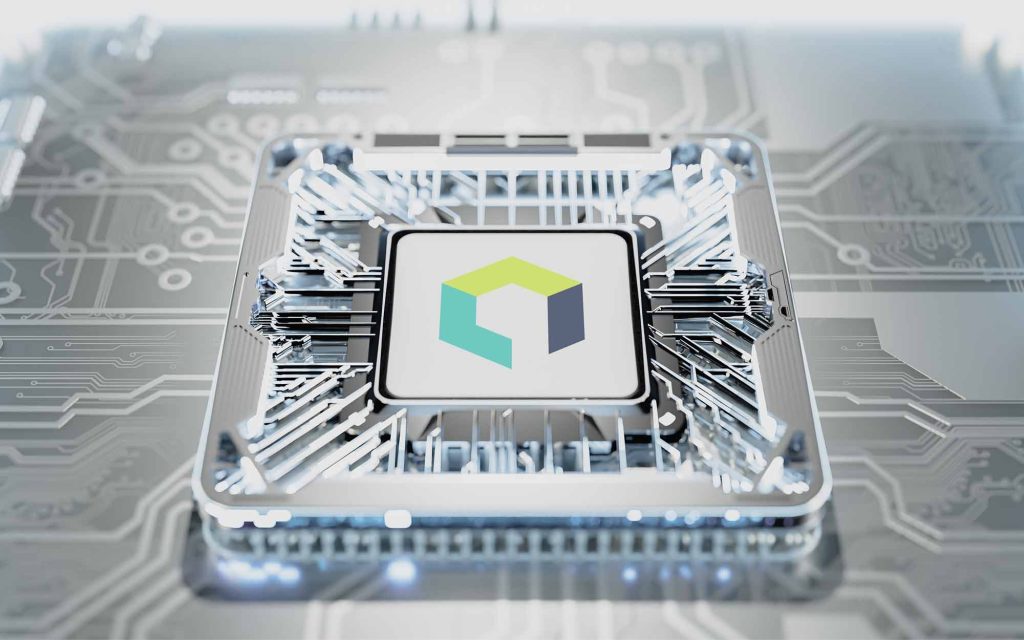 3D visualization of a microchip with a digital cube icon symbolizing API architecture and software integration.