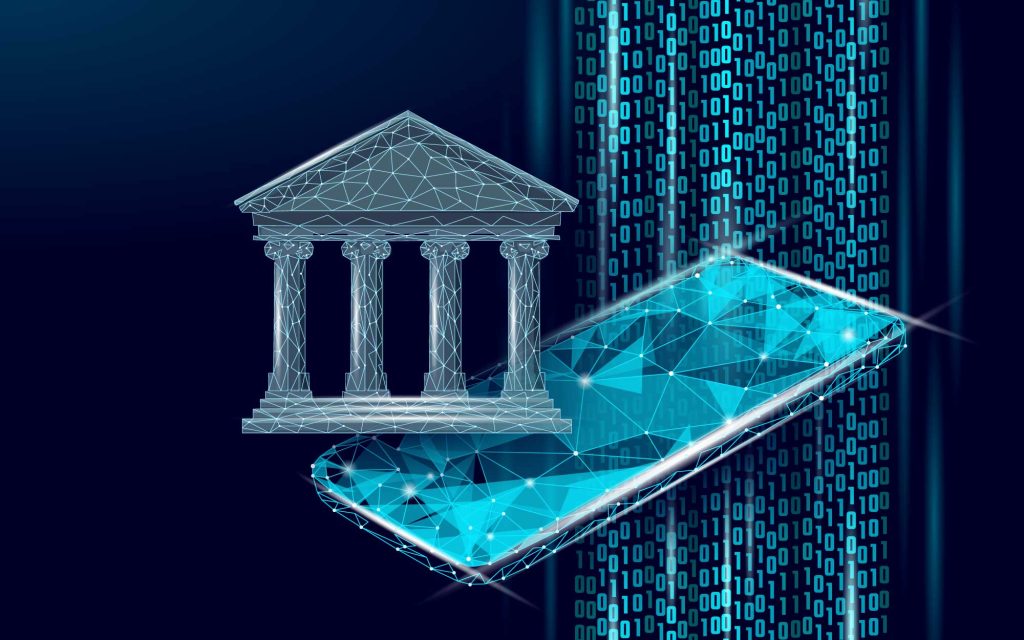 Digital core banking concept showing a polygonal bank building and smartphone with binary code representing financial technology.