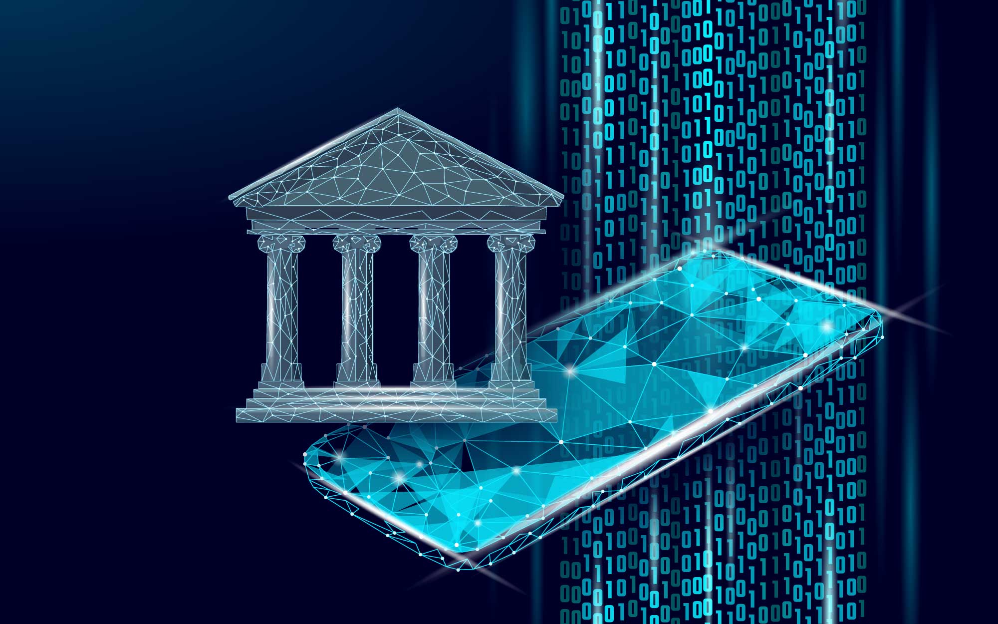 Digital core banking concept showing a polygonal bank building and smartphone with binary code representing financial technology.