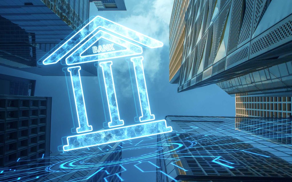 Digital core banking concept with a glowing bank icon among skyscrapers, symbolizing modern financial technology.